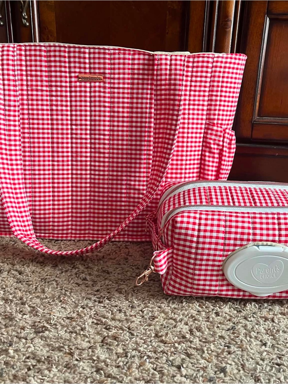 Homemade Red Gingham diaper bag tote with diaper/wipe pouch